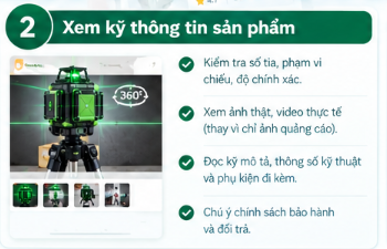 Minh họa các thông tin kỹ thuật cần đối chiếu khi xem máy cân bằng laser trên Shopee