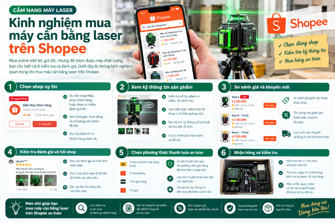 Infographic kinh nghiệm mua máy cân bằng laser trên Shopee