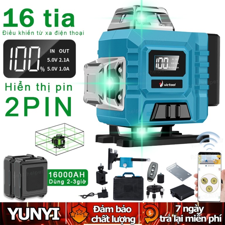 Máy cân bằng laser YUNYT 16 tia màu xanh với màn hình pin, hai pin và phụ kiện theo ảnh tin đăng
