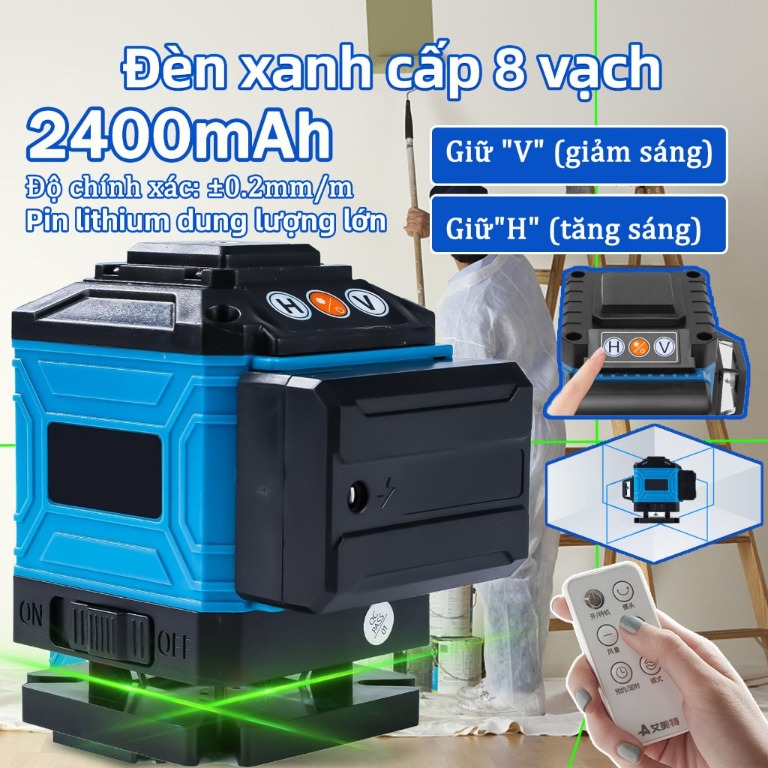 Máy cân bằng laser màu xanh 8/12/16 tia, pin lithium 2400mAh và điều khiển từ xa theo ảnh tin đăng