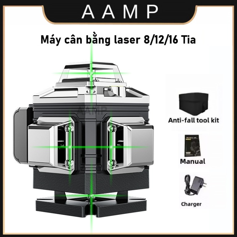 Máy cân bằng laser AAMP 8/12/16 tia màu xanh kèm bộ chống rơi, sách hướng dẫn và sạc