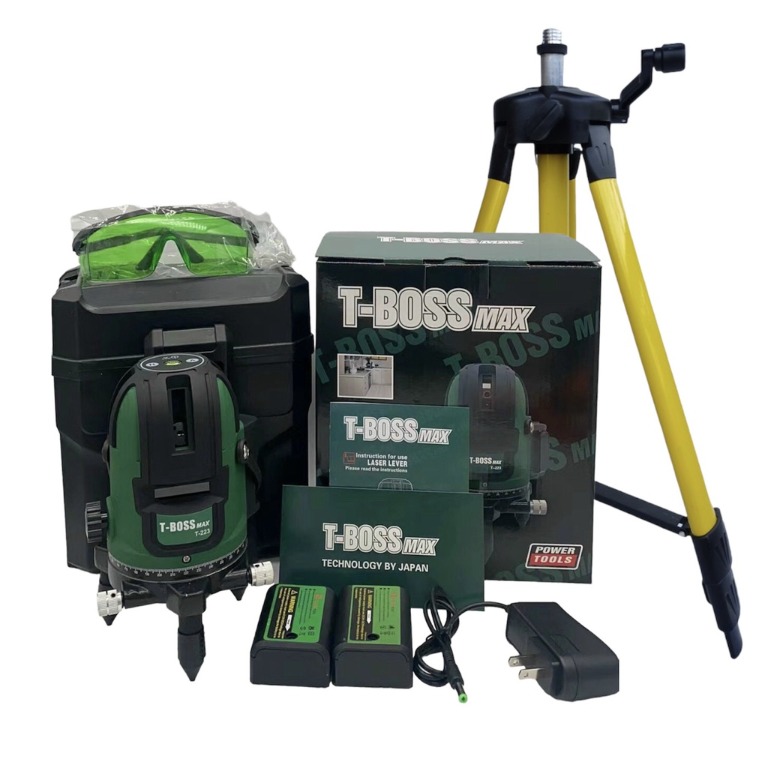 Máy cân bằng laser T-Boss 223 5 tia xanh kèm hộp, hai pin, sạc, kính laser và chân máy màu vàng