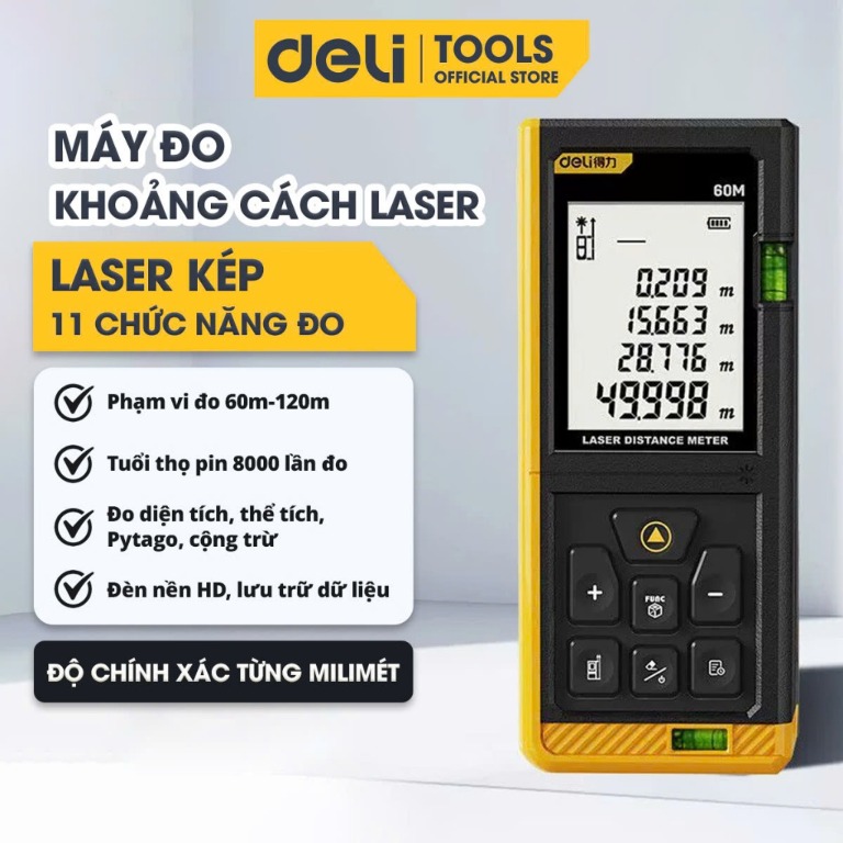 Thước đo khoảng cách laser Deli màn hình điện tử màu đen vàng