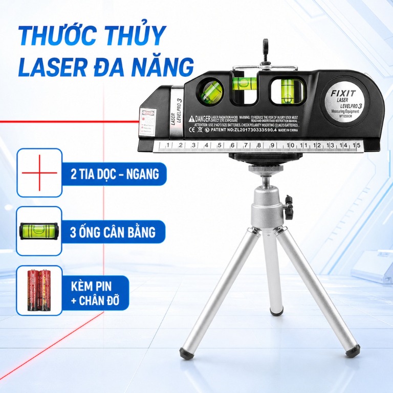 Thước thủy laser Fixit F2018 có các ống cân bằng và chân đỡ