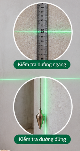 Minh họa đối chiếu đường laser ngang với thước và đường đứng với dây dọi