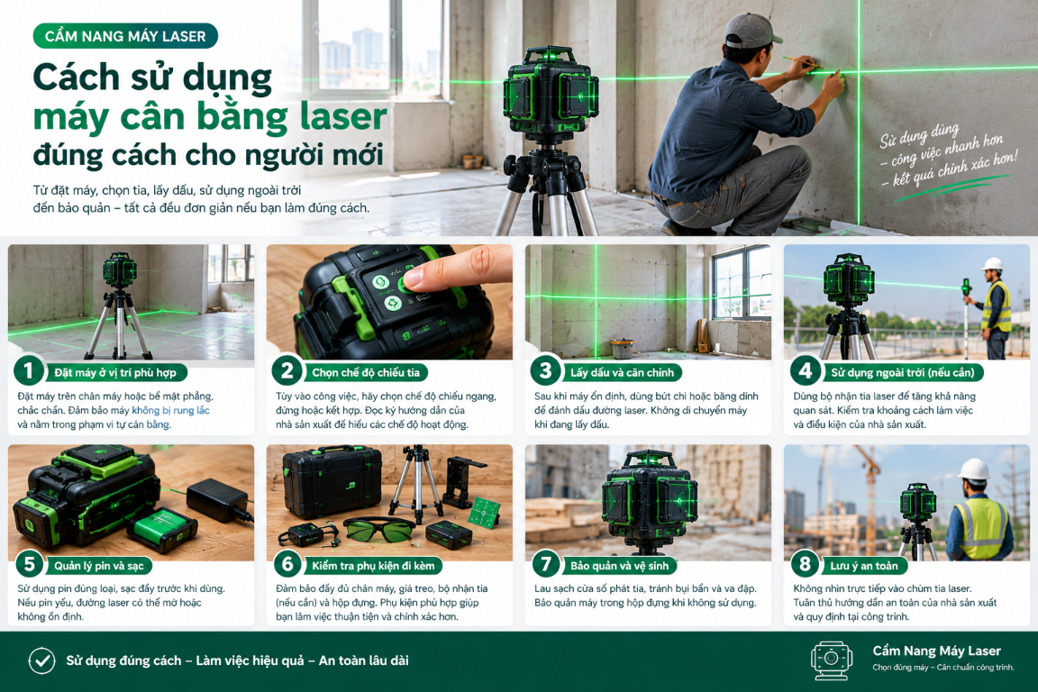 Infographic hướng dẫn sử dụng máy cân bằng laser đúng cách