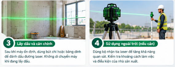 Máy cân bằng laser hỗ trợ lấy dấu trong nhà và minh họa sử dụng ngoài trời
