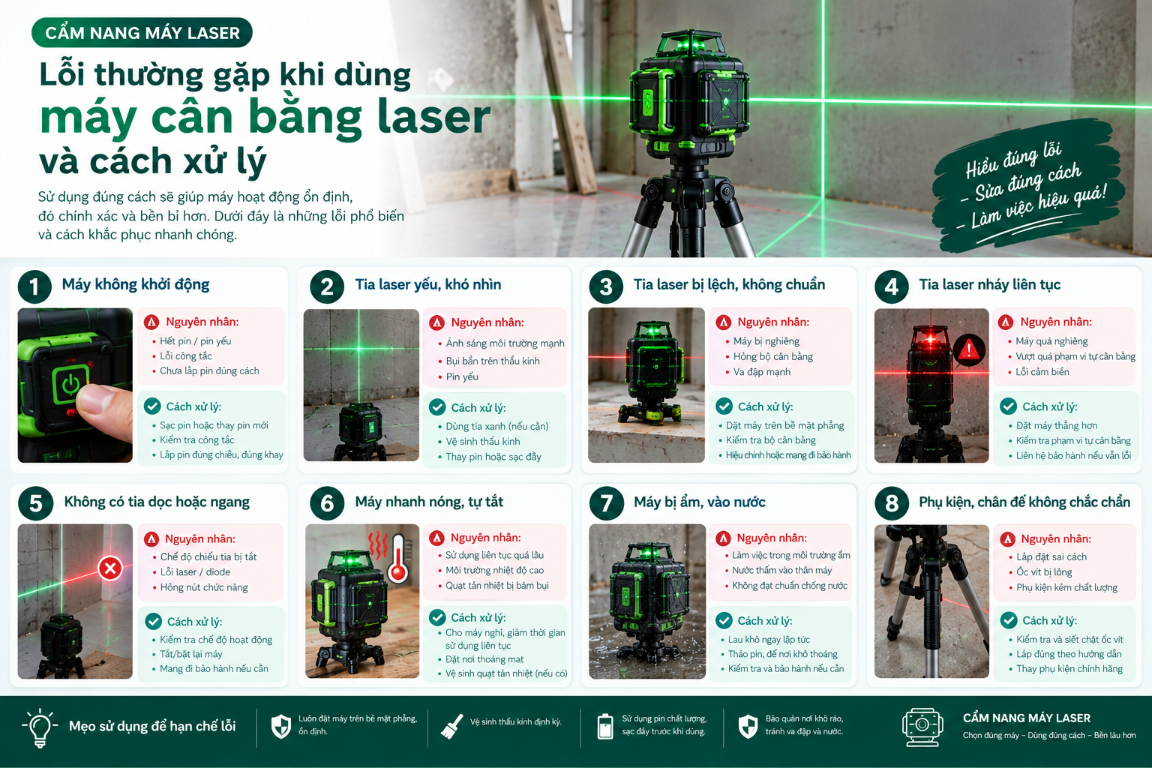 Infographic các lỗi thường gặp khi dùng máy cân bằng laser và cách xử lý