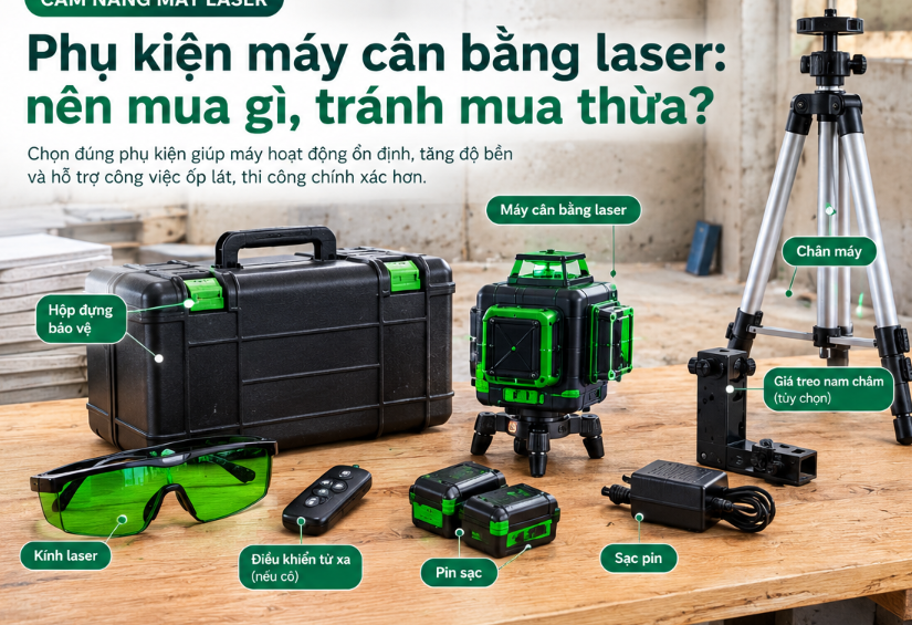 Các phụ kiện máy cân bằng laser gồm chân máy, hộp bảo vệ, kính, pin và bộ sạc